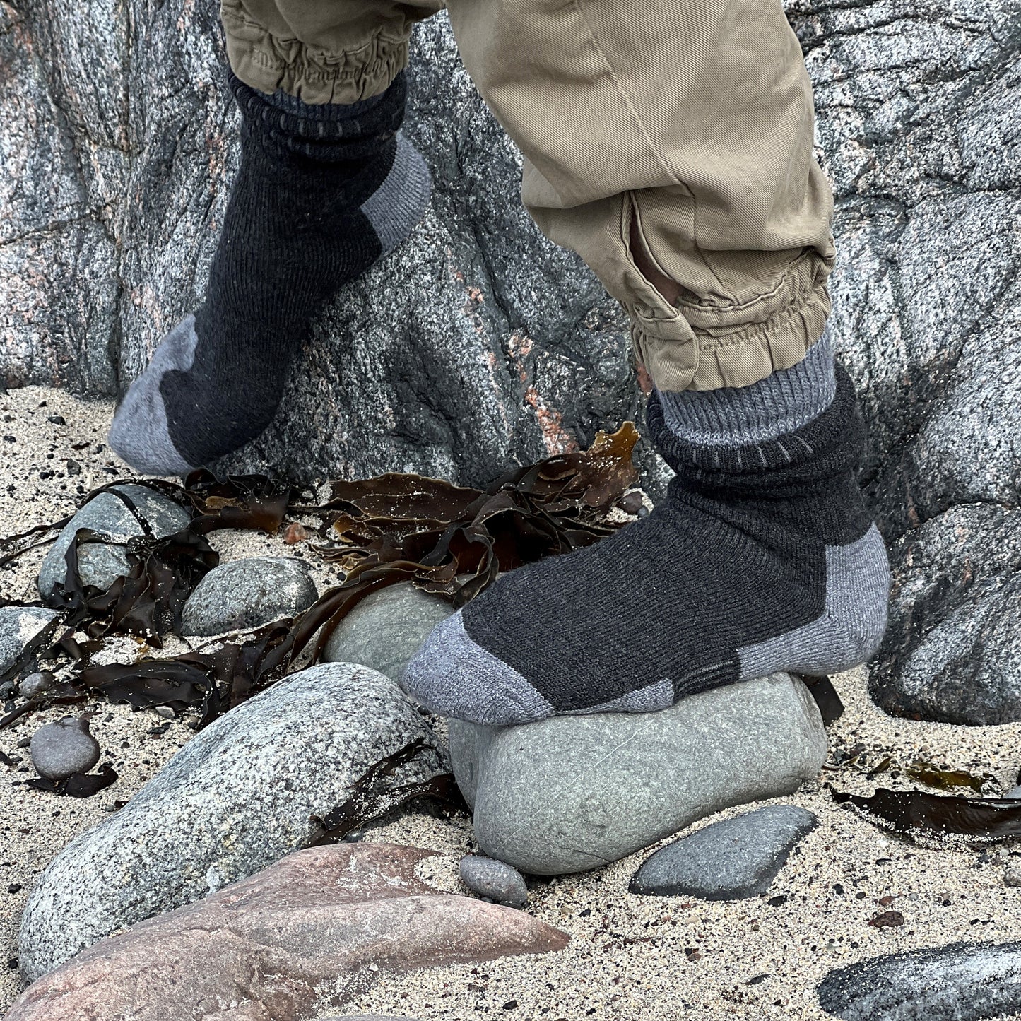 Soft and very warm, these merino wool blend walking socks have a cushioned foot with a soft fit cuff, ribs for ventilation and lycra support at the ankle and instep.   Available in two lovely colours Basalt Grey and Kelp Green.