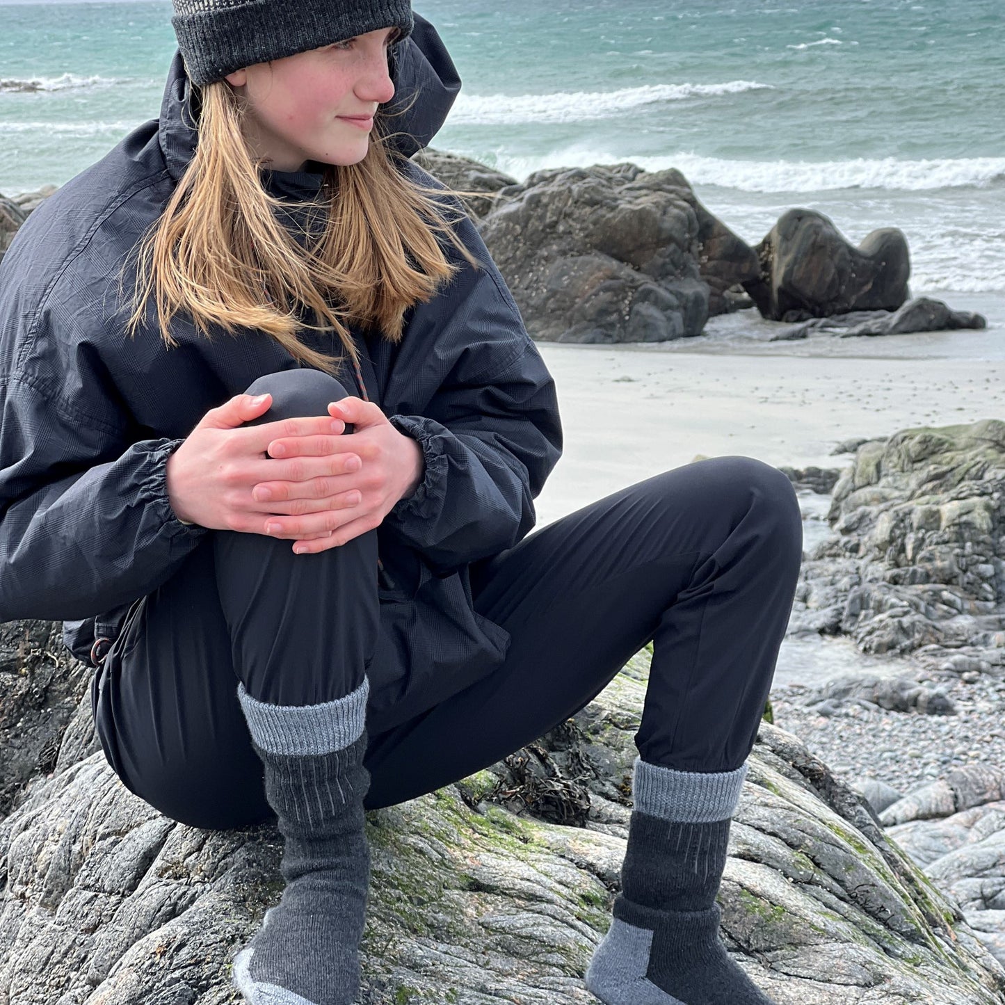 Soft and very warm, these merino wool blend walking socks have a cushioned foot with a soft fit cuff, ribs for ventilation and lycra support at the ankle and instep.   Available in two lovely colours Basalt Grey and Kelp Green.  Knitted and hand finished in Scotland.