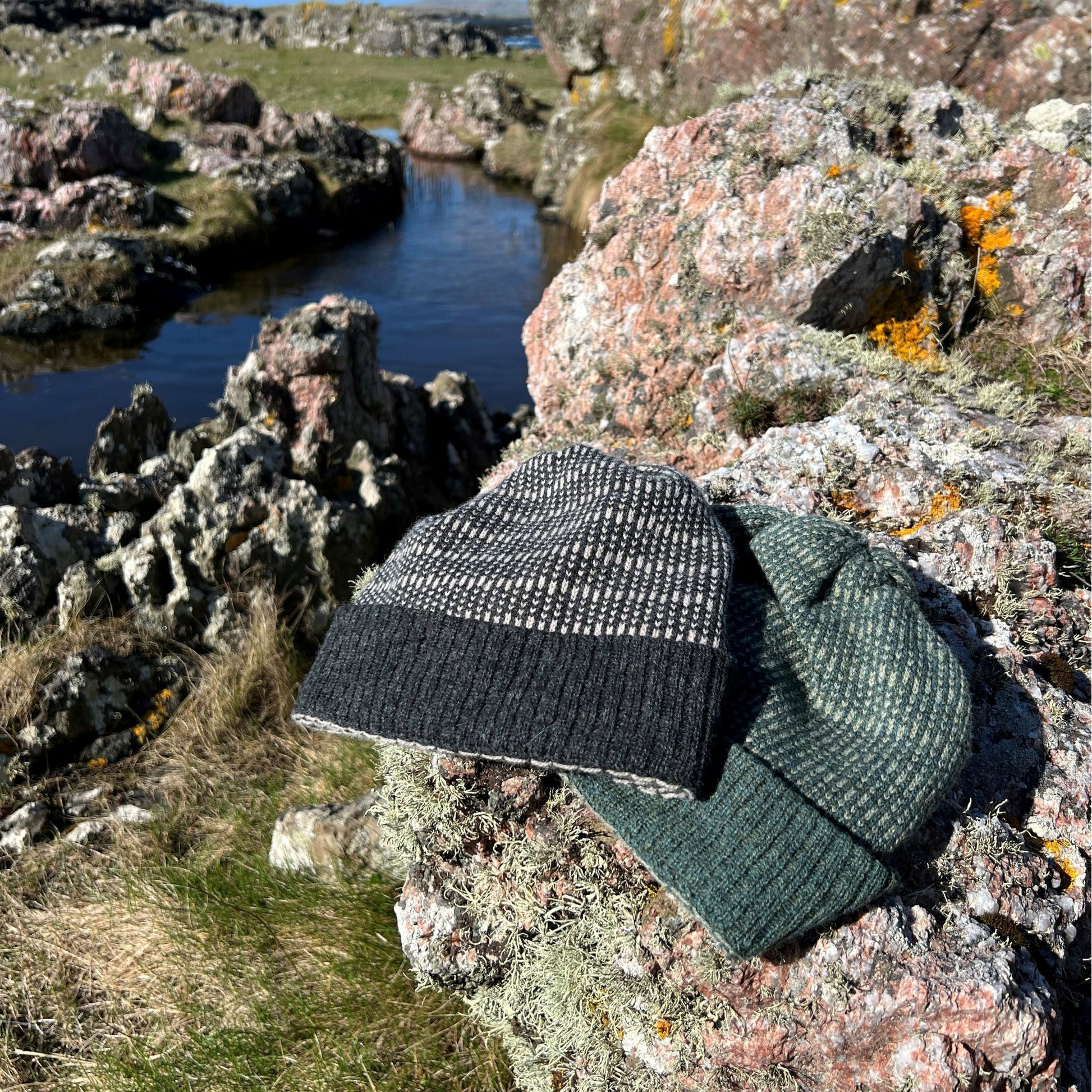 Our knitted woollen beanie hats are made from the finest Merino lamb’s wool, and hand framed, seen here in Pebble.& Moss