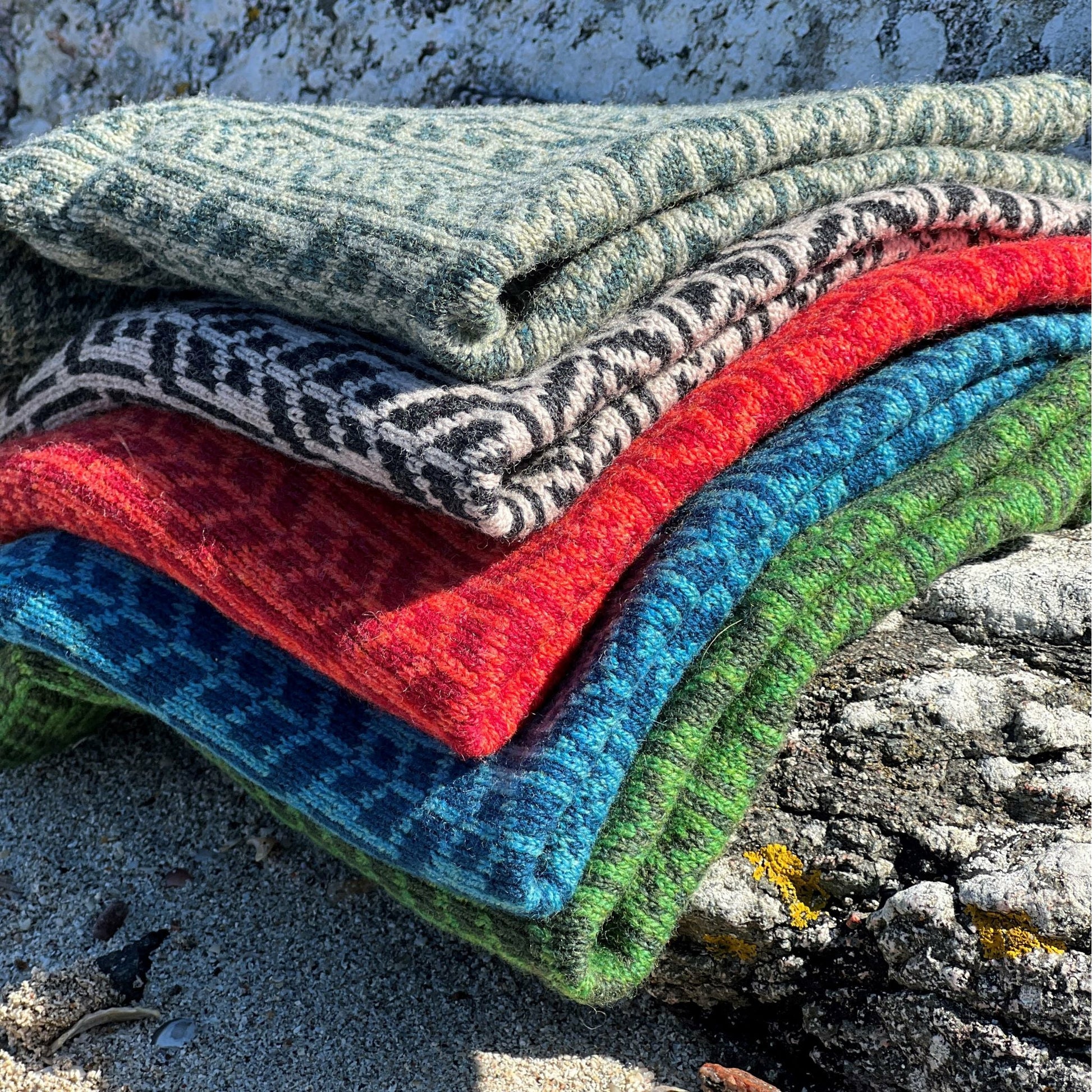 Our scarves and neck warmers are all knitted using a punch-card system on a manual vintage knitting machine and made from pure Merino lamb's wool, with bespoke two-colour fair isle patterns unique to Hebridean Journey. 